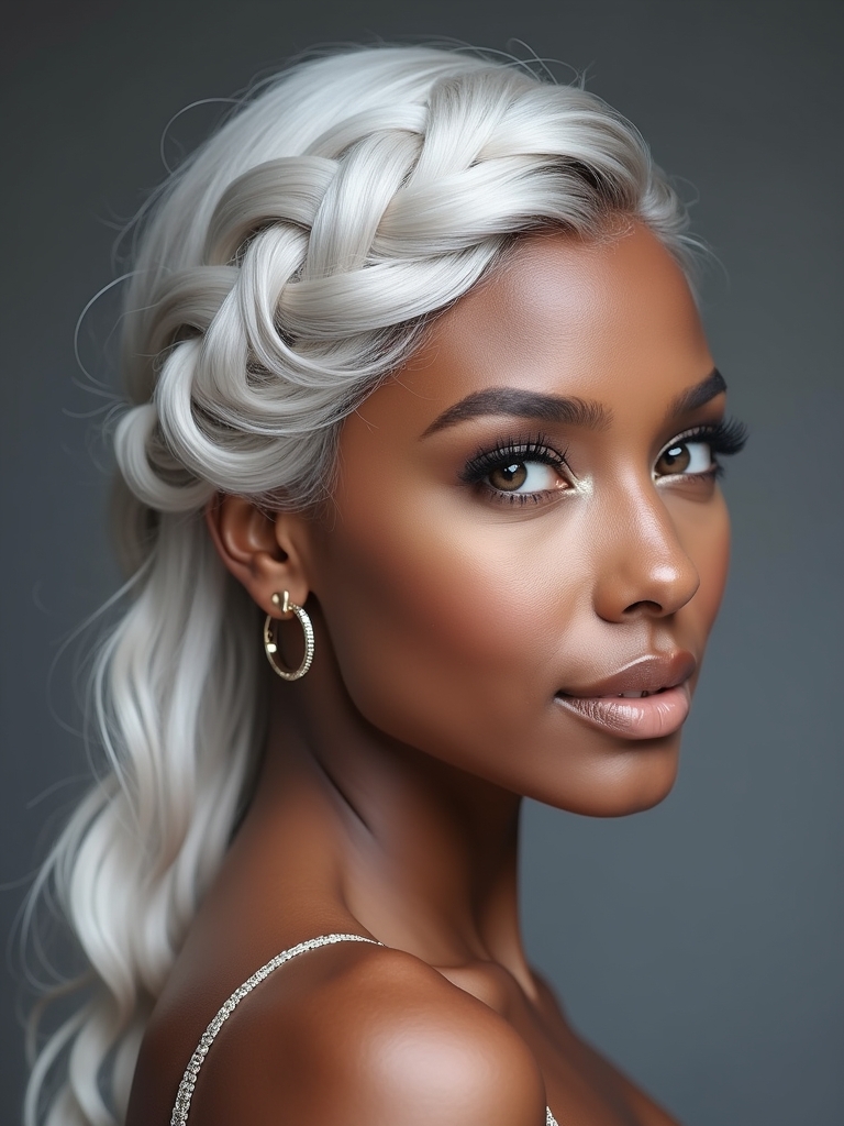 Silver Hairstyle on Dark Skin: Half-Up Silver Twist